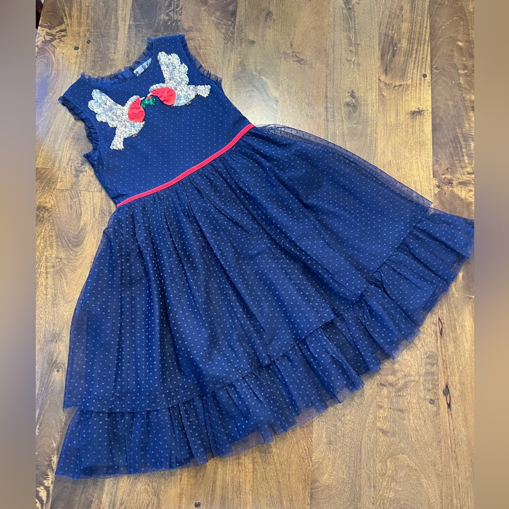 Mini Boden Navy Holiday Tulle and Sequin Dress with Gold & Silver Robin Size 8-9